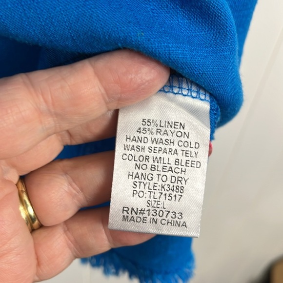 Umgee Womens Tank Top Royal Blue L Adj Slip Straps Fringe Details Linen/Rayon - Picture 6 of 10